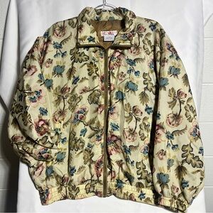 Vintage Beige Floral Patterned Jacket 100% Silk Women’s Large Multi Colored